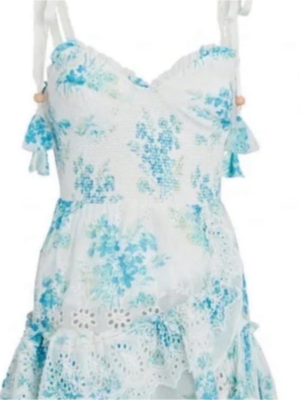 Love Shack Fancy White & Aqua Floral Eyelet Summer Dress